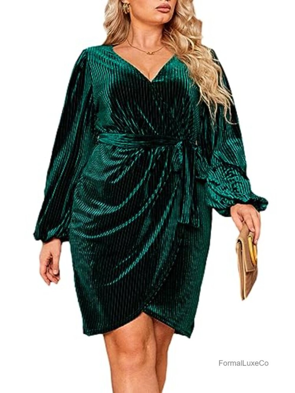 Plus Size Velvet Wrap Mini Dress Long Sleeve V-Neck Cocktail Party Club